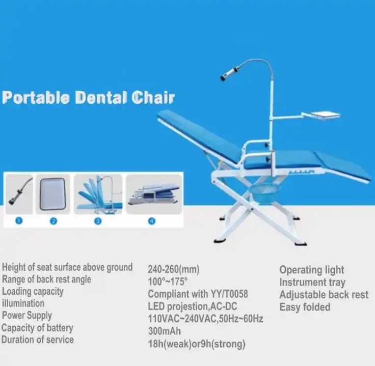 Silla de paciente dental plegable portátil con lámpara de luz fría e instrumento