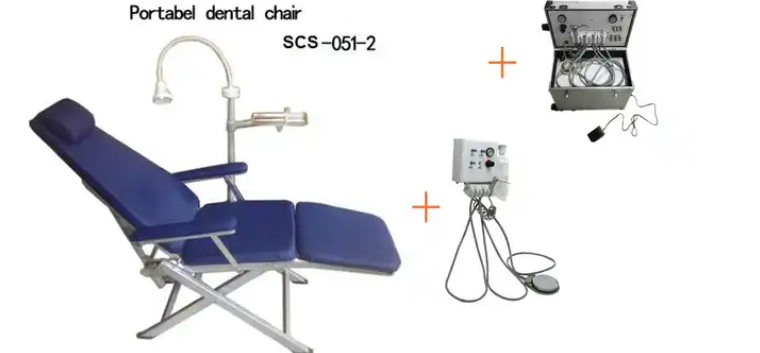 Silla de paciente dental plegable portátil con lámpara de luz fría e instrumento